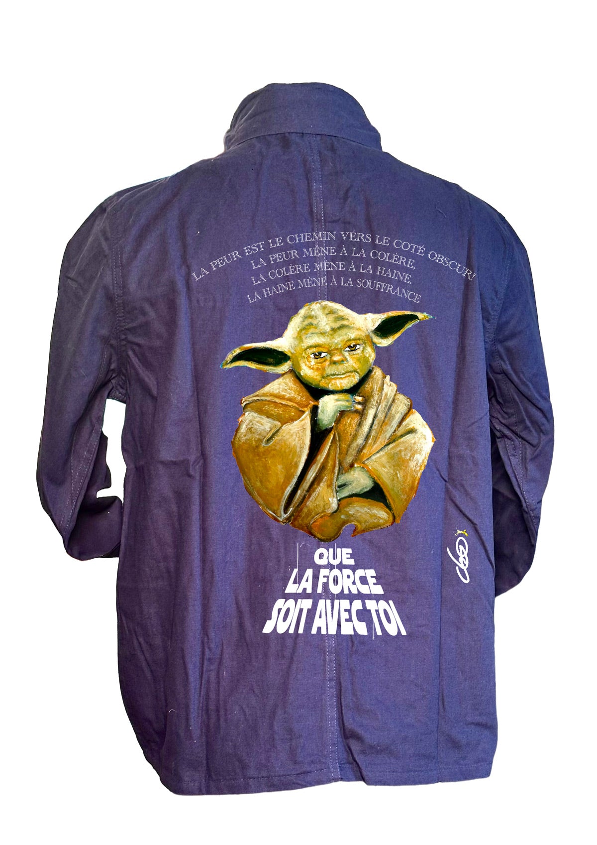 Veste Bleu de Chine Yoda Star Wars - Peinture originale peinte à la main par Ondine Devis Steinmetz - Imprimée sur textile premium - Créateur Français O.D.S collection Marseille - Art Wearable Pop Art