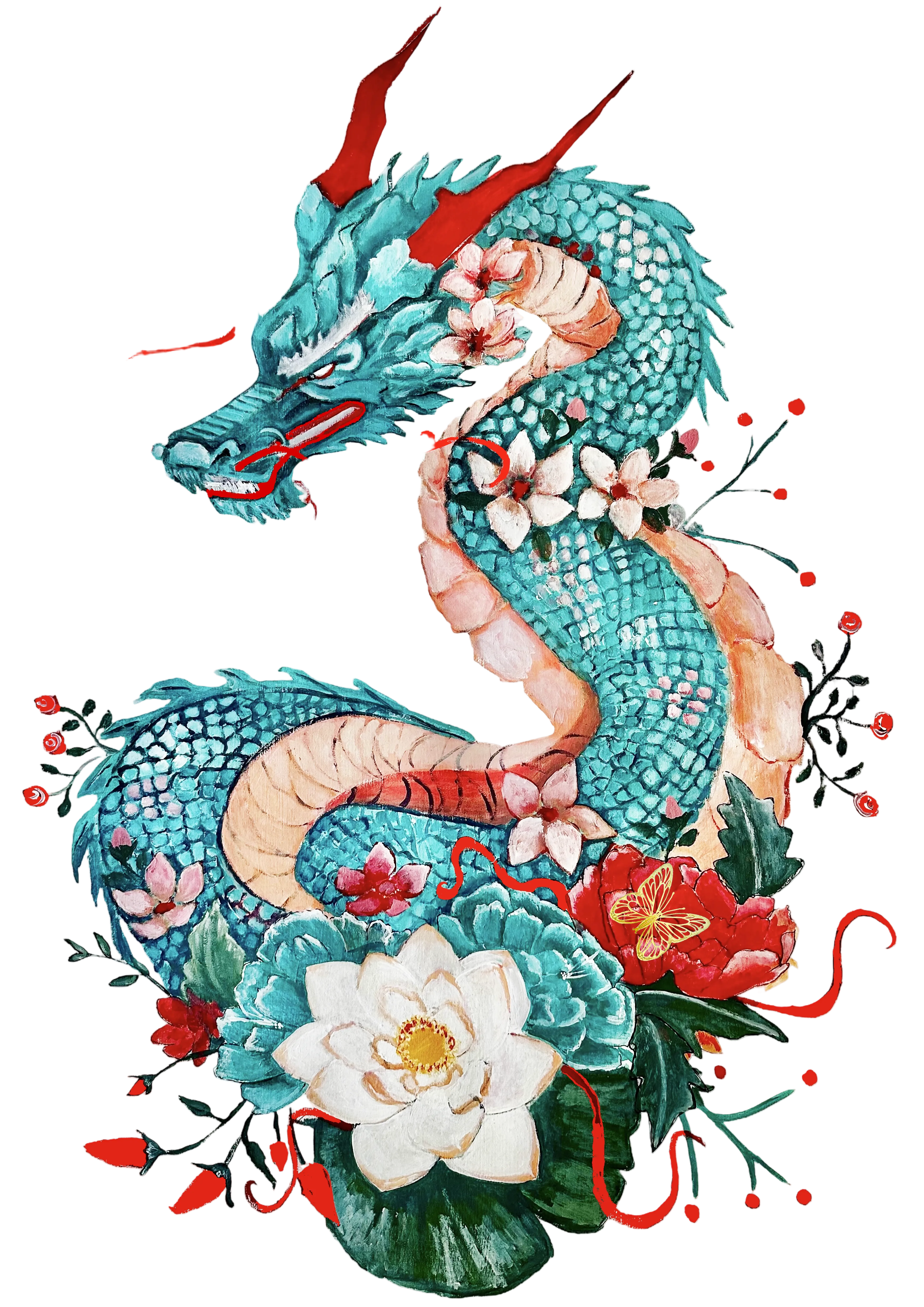 Peinture originale Dragon japonais - Acrylique sur toile - Dragon turquoise écailles nacré, fleurs de cerisier roses, lotus blanc, idéogramme 龙 rouge lacque - Œuvre originale Ondine créatrice de la marque ODS Marseille