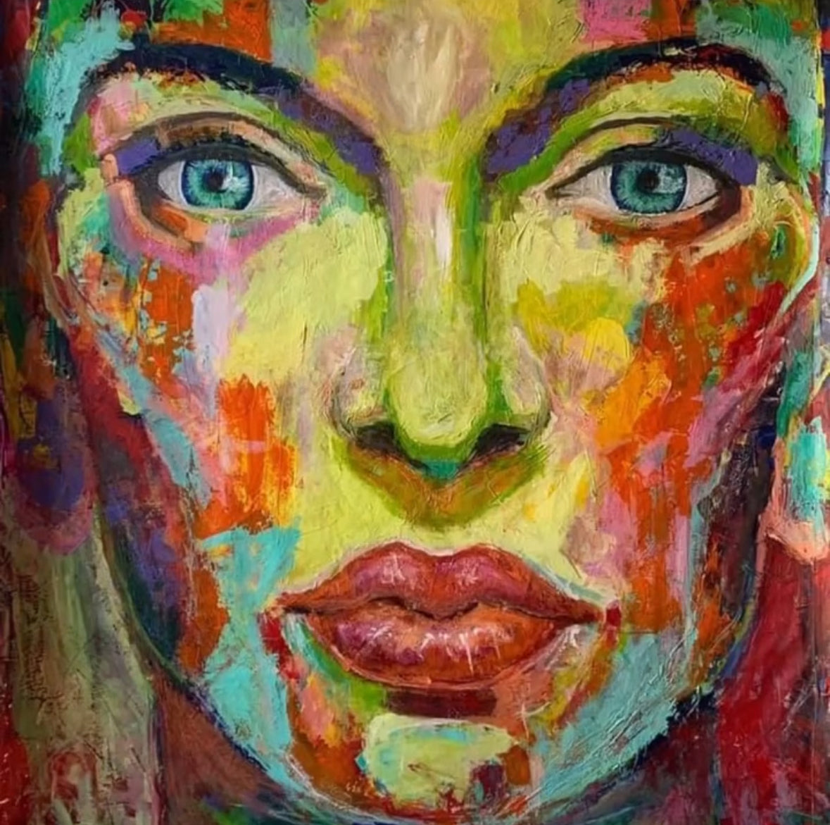 tableau peinture acrylique réalisé par l'artiste Ondine Devis Steinmetz-visage-femme-multicolore-explosif-yeux-bleus-ods