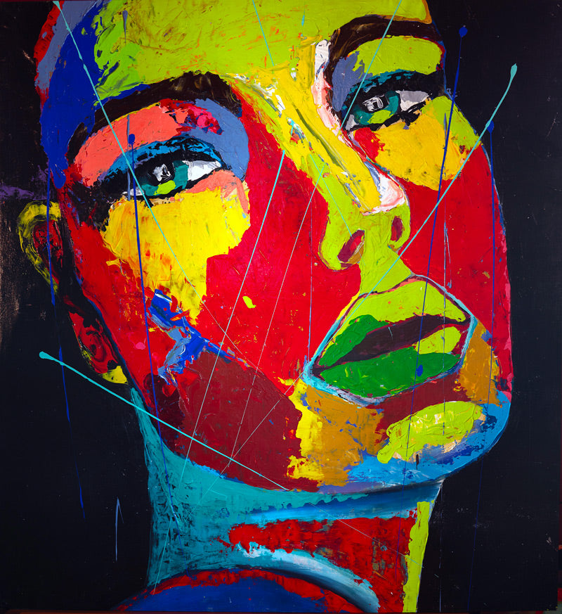 l'œuvre originale qui a tout inspiré — le tableau expressionniste *"Art Is Universal Love As Well" peint à la main par Ondine. Imprimé sur textile. Une pièce unique, signée, qui ne sera jamais reproduite à l'identique.