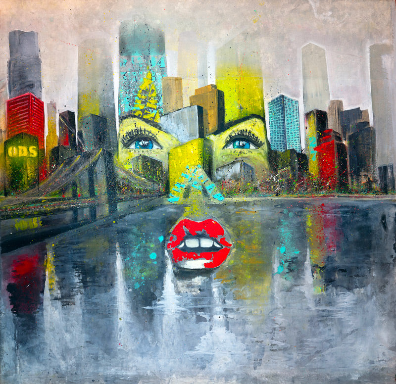 tableau-peinture-acrylique-réalisé-par-l'artiste-Ondine-Devis-Steinmetz- ville-brooklyn-femme-urbaine-yeux-bleus-levres-rouges-ods