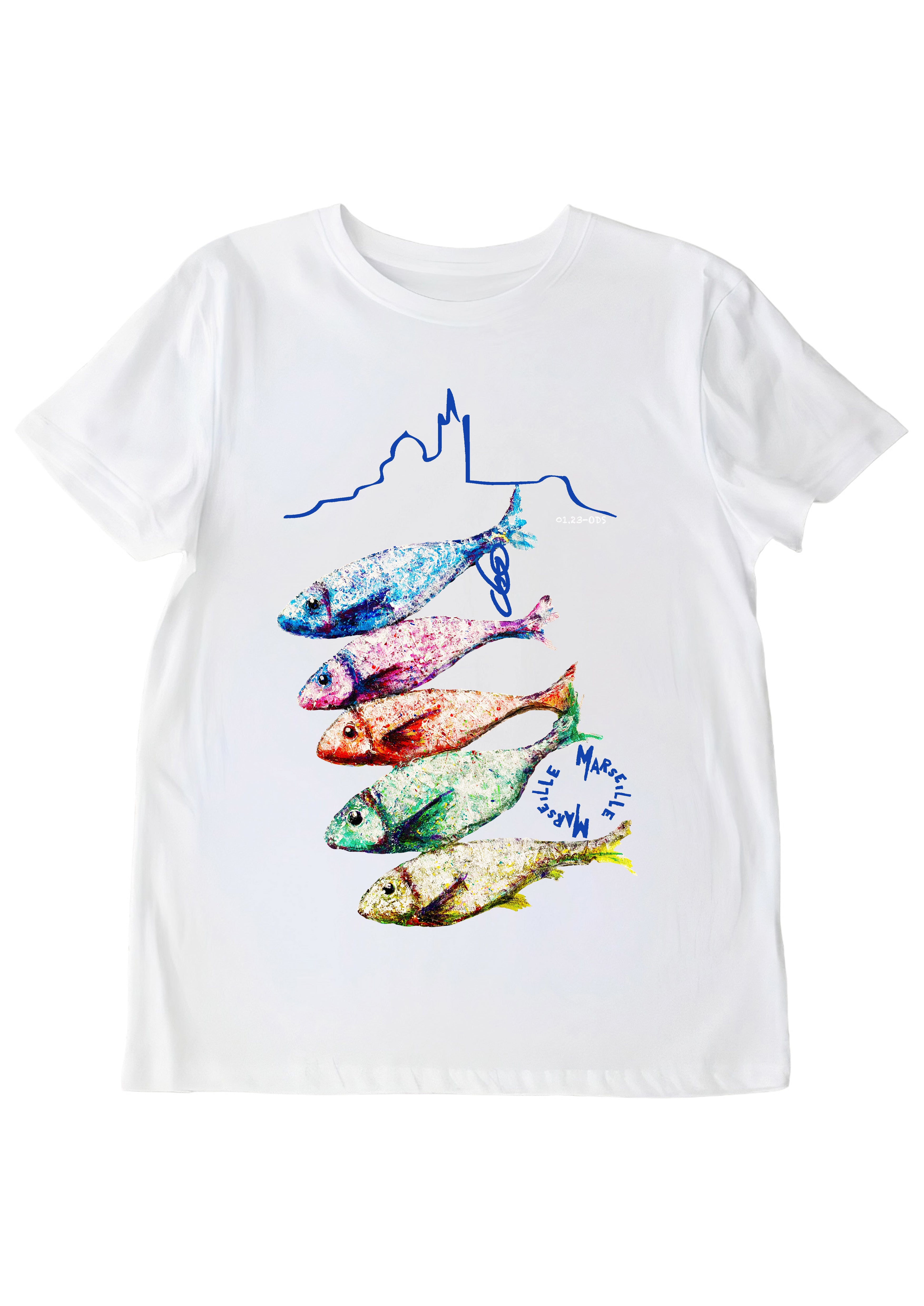 T-shirt Sardines of Marseille O.D.S collection - Design artistique inspiré de la culture marseillaise, peinture originale d'Ondine imprimée sur textile premium