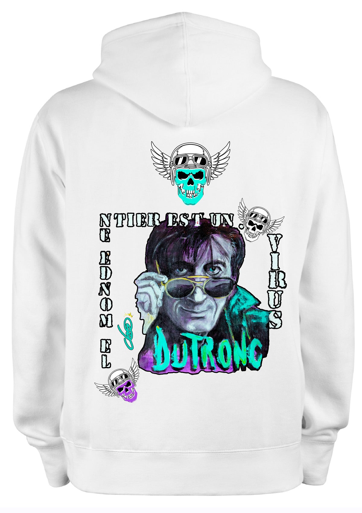 Sweat Jacques Dutronc Le Monde Entier Est Un Virus - Portrait pop art premium créateur français ODS - Skull pilots ailés - Peinture originale imprimée sur textile
