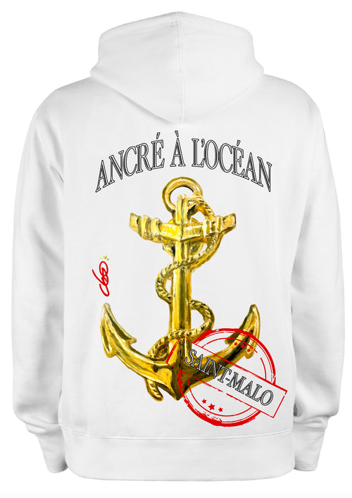 Sweat Ancré à l'Océan - Bretagne Saint-Malo - Peinture originale artiste Ondine - Art wearable créateur français - Ancre dorée maritime - Sweat Bretagne - Cadeau marin océan - Hoodie art Bretagne - Création française Saint-Malo
