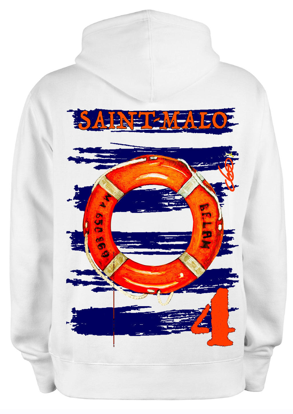 Sweat Bouée Belam Saint-Malo - Bel Âme Bretagne - Peinture originale artiste Ondine - Art wearable créateur français - Bouée bateau maritime - Sweat Saint-Malo - Cadeau Bretagne mer - Hoodie art maritime - Création française Bretagne
