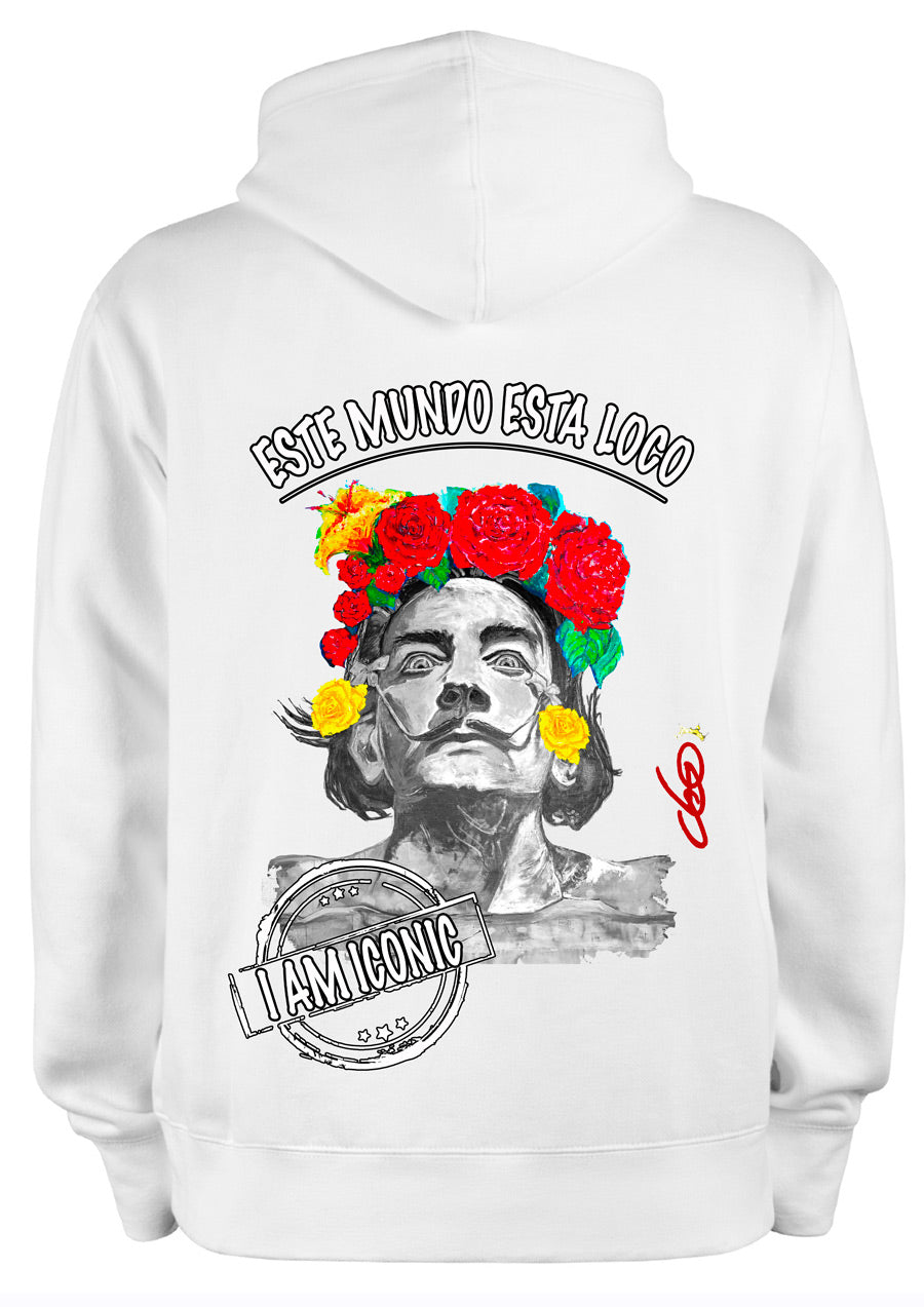 Sweat Salvador Dalí Este Mundo Está Loco - Portrait pop art premium créateur français ODS - Moustache iconique et roses rouges - Peinture originale imprimée sur textile
