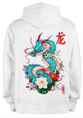 Sweat Dragon Japonais dos - Dragon turquoise peint à la main - Fleurs de cerisier, lotus blanc, idéogramme 龙 rouge lacque - Créateur français ODS Marseille - Art wearable design exclusif