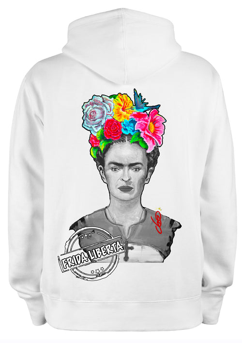 Sweat Frida Kahlo Libertà - Portrait pop art premium créateur français ODS - Couronne de fleurs colorées et papillon bleu - Peinture originale imprimée sur textile
