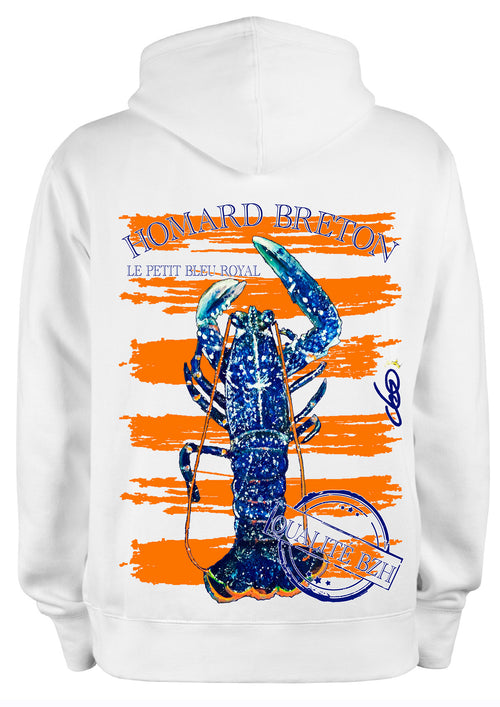 Sweat blanc capuche Homard Breton bleu nuit Le Petit Bleu Royal Qualité BZH - art wearable créateur français ODS Marseille