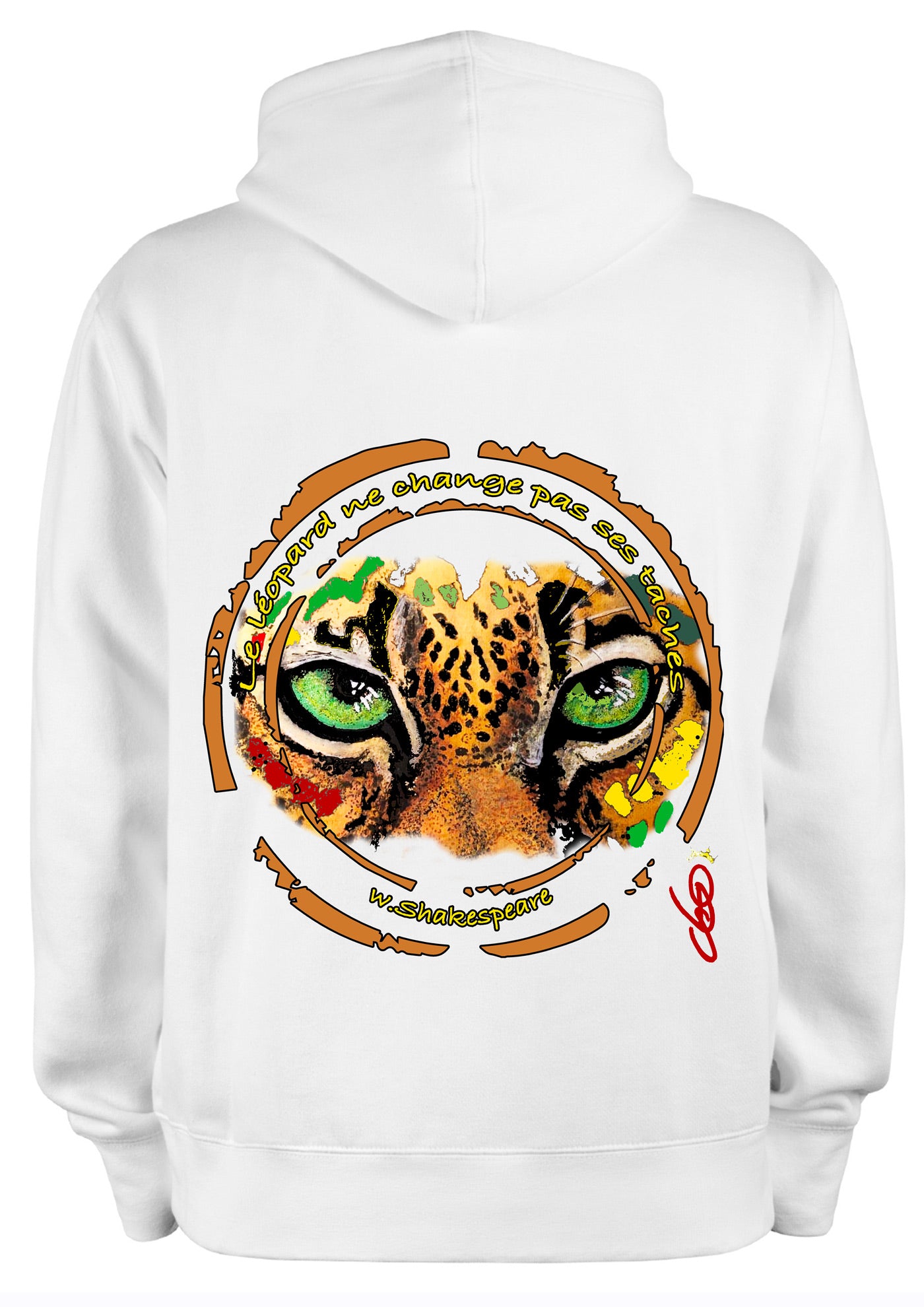 Sweat blanc capuche Léopard yeux verts Shakespeare - art wearable créateur français Ondine ODS Marseille