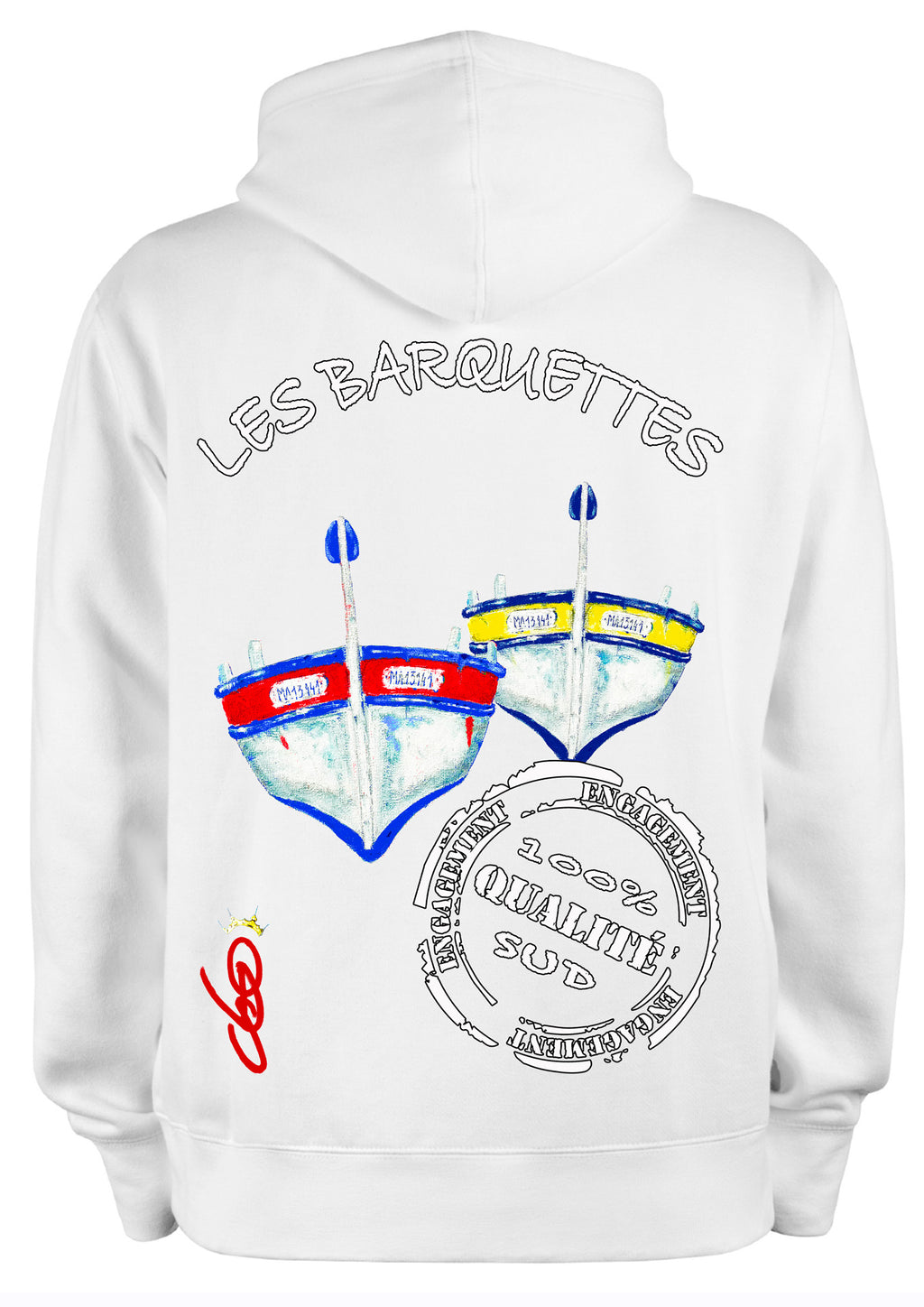 Sweat Les Barquettes Méditerranée O.D.S collection - Design artistique célébrant les bateaux traditionnels méditerranéens, peinture originale d'Ondine imprimée sur textile premium

