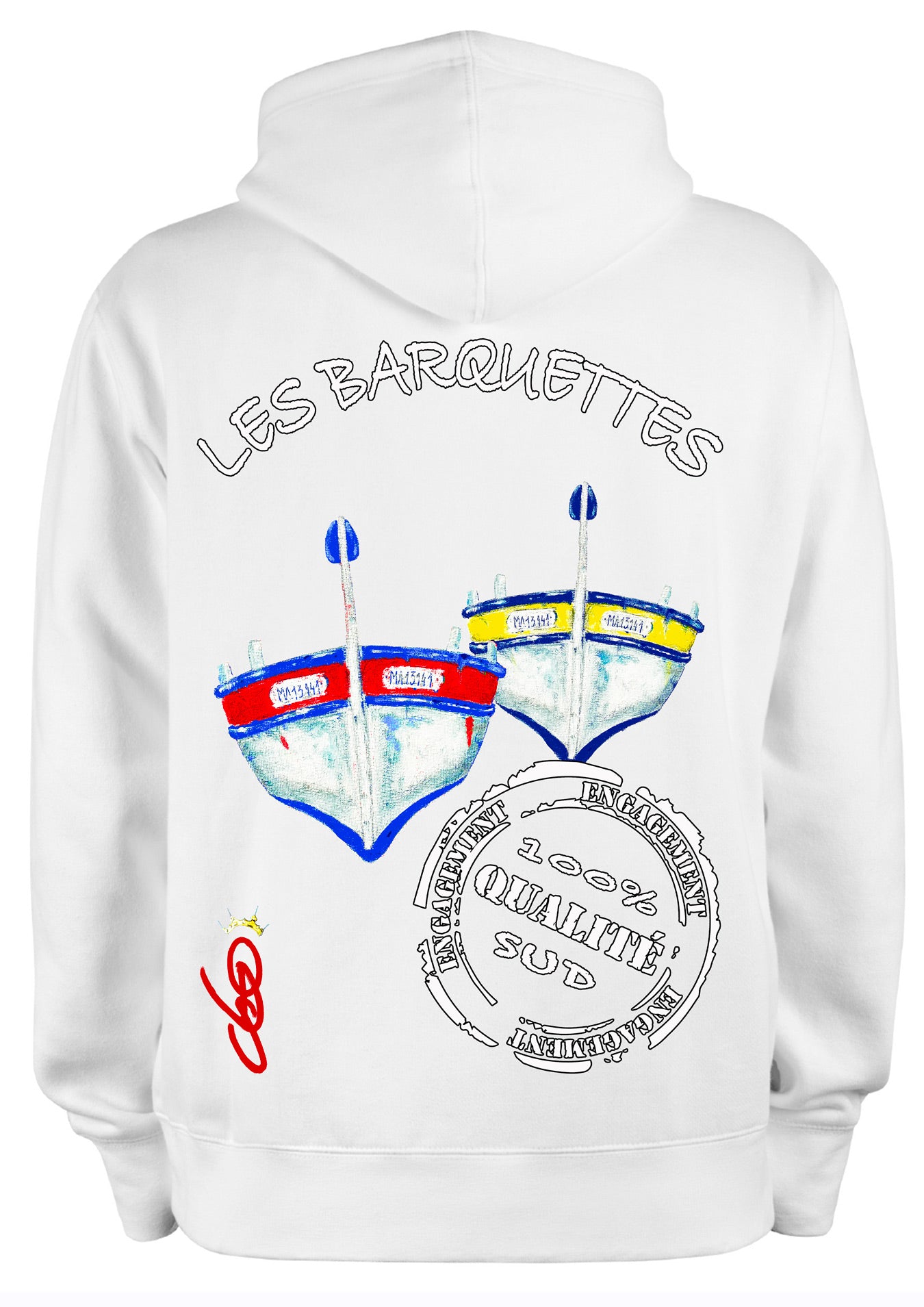 Sweat Les Barquettes Méditerranée O.D.S collection - Design artistique célébrant les bateaux traditionnels méditerranéens, peinture originale d'Ondine imprimée sur textile premium

