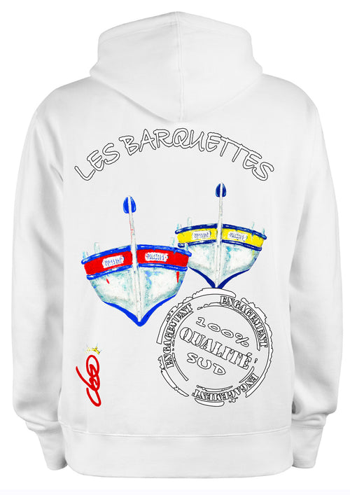 Sweat Les Barquettes Méditerranée O.D.S collection - Design artistique célébrant les bateaux traditionnels méditerranéens, peinture originale d'Ondine imprimée sur textile premium

