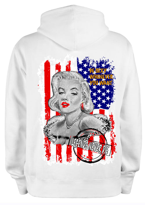 Sweat Marilyn Monroe Be Sexy Whenever You Want - Portrait pop art premium créateur français ODS - Glamour Hollywood lèvres rouges - Peinture originale imprimée sur textile - drapeau USA