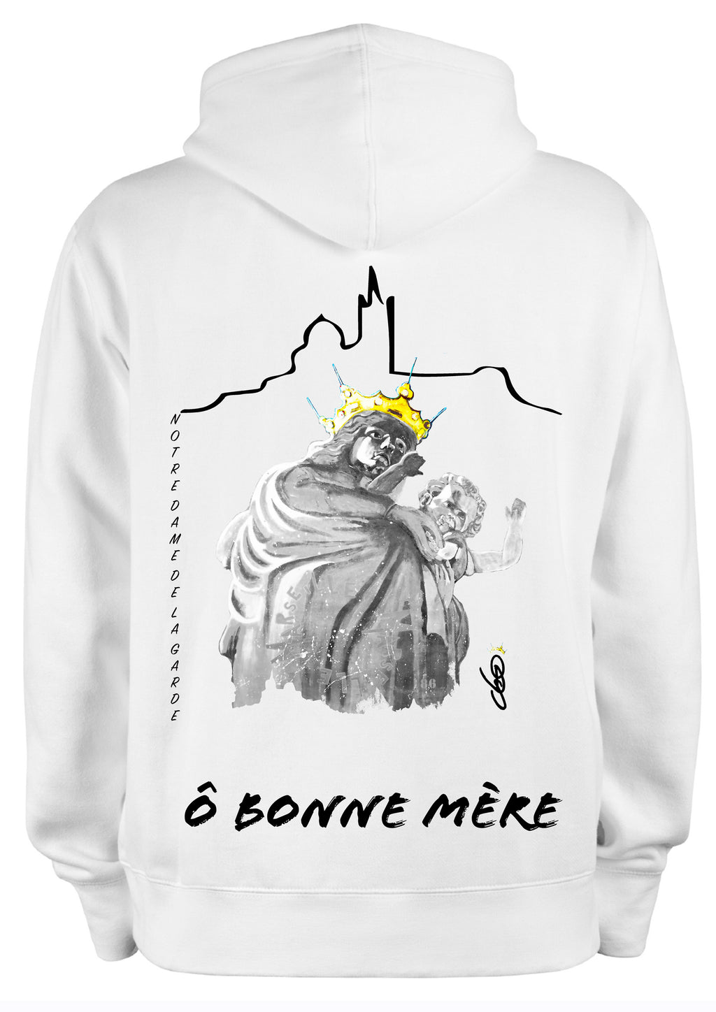 Sweat Ô Bonne Mère Notre-Dame de la Garde Marseille blanc - Œuvre peinte par Ondine Devis Steinmetz - Créateur français O.D.S Collection