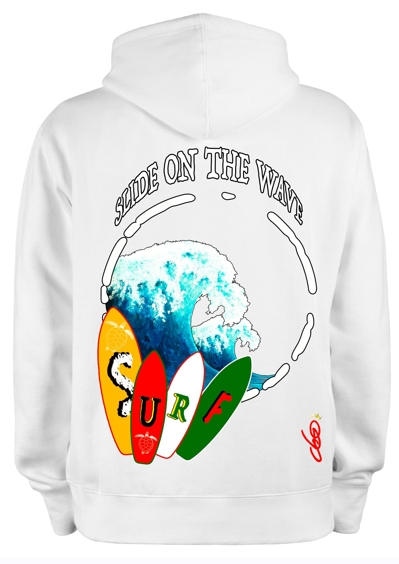 Sweat surf Slide on the Wave - Pays Basque - Guéthary Biarritz Hossegor - Peinture originale artiste Ondine - Art wearable créateur français - sweat surfeur - Vague turquoise planches colorées - Cadeau surfeur océan - Hoodie surf art - Création française Pays Basque
