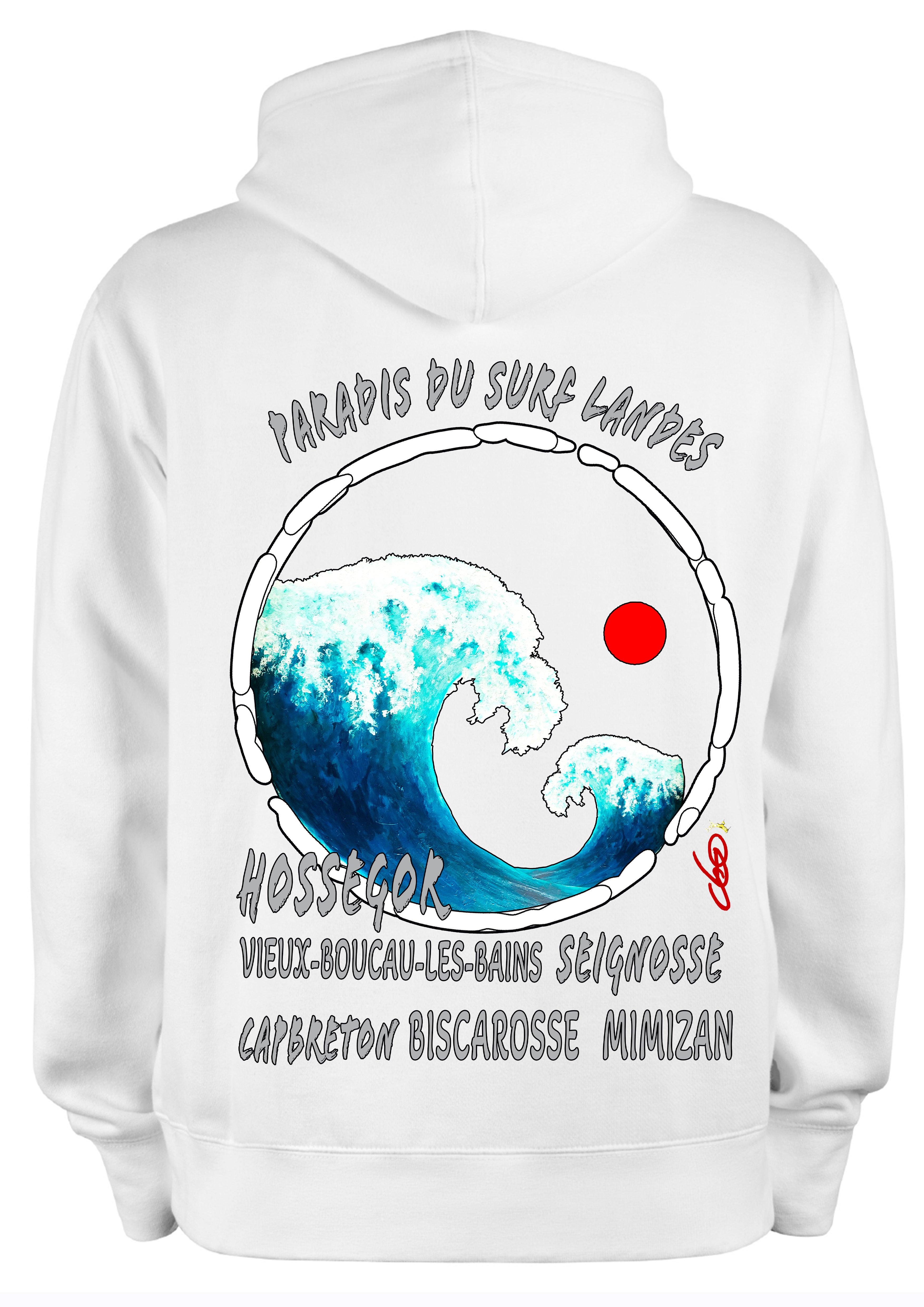 Sweat Paradis du Surf Landes O.D.S collection - Design artistique inspiré de la Grande Vague de Hokusai et des spots de surf Hossegor Capbreton Seignosse, peinture originale d'Ondine imprimée sur textile premium
