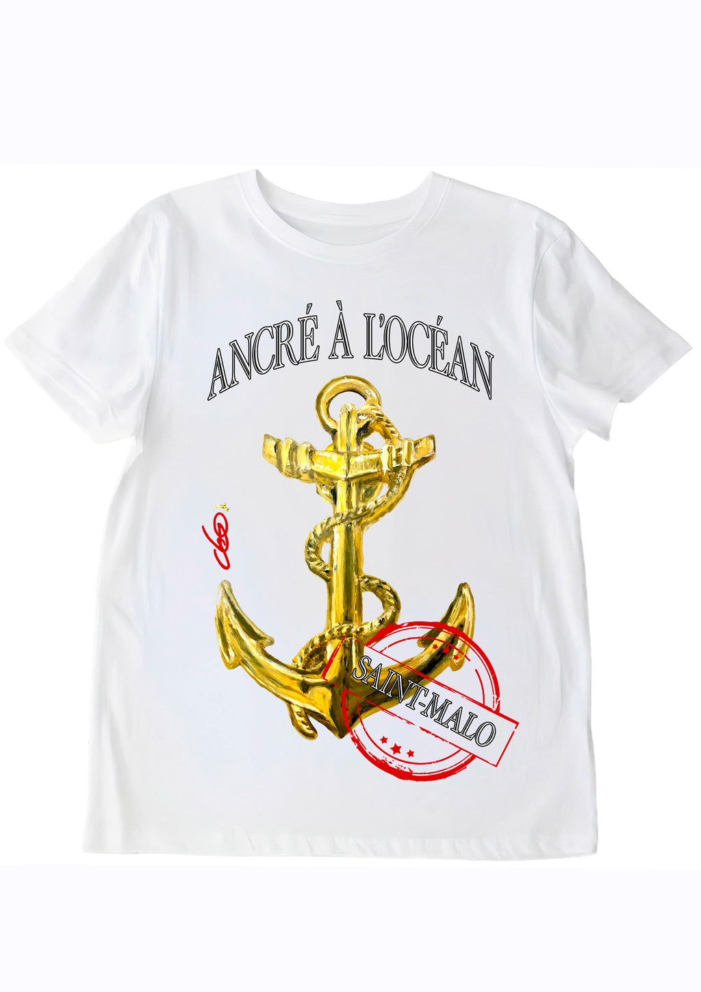 T-shirt Ancré à l'Océan - Bretagne Saint-Malo - Peinture originale artiste Ondine - Art wearable créateur français - Ancre dorée maritime - Tee-shirt Bretagne - Cadeau marin océan - T-shirt art Bretagne - Création française Saint-Malo
