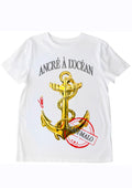 T-shirt Ancré à l'Océan - Bretagne Saint-Malo - Peinture originale artiste Ondine - Art wearable créateur français - Ancre dorée maritime - Tee-shirt Bretagne - Cadeau marin océan - T-shirt art Bretagne - Création française Saint-Malo
