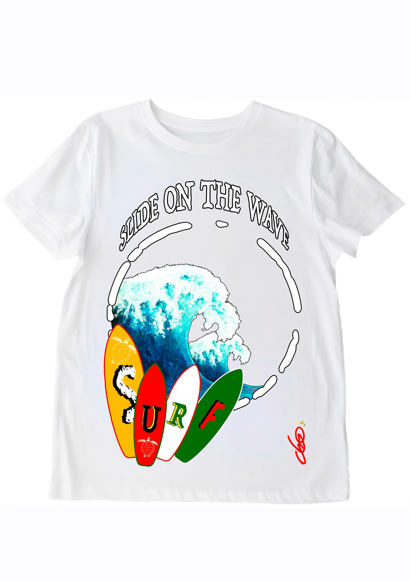T-shirt surf Slide on the Wave - Pays Basque - Guéthary Biarritz Hossegor - Peinture originale artiste Ondine - Art wearable créateur français - tee-shirt surfeur - Vague turquoise planches colorées - Cadeau surfeur océan - T-shirt surf art - Création française Pays Basque
