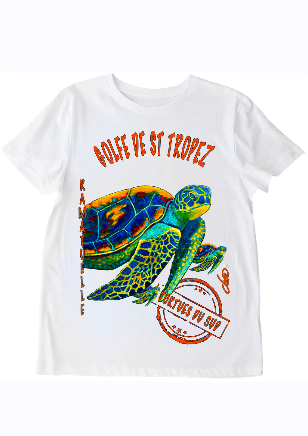 T-shirt Tortues de St Tropez - Golfe de St Tropez Ramatuelle - Créateur français ODS - Peinture originale de Ondine Devis Steinmetz art wearable