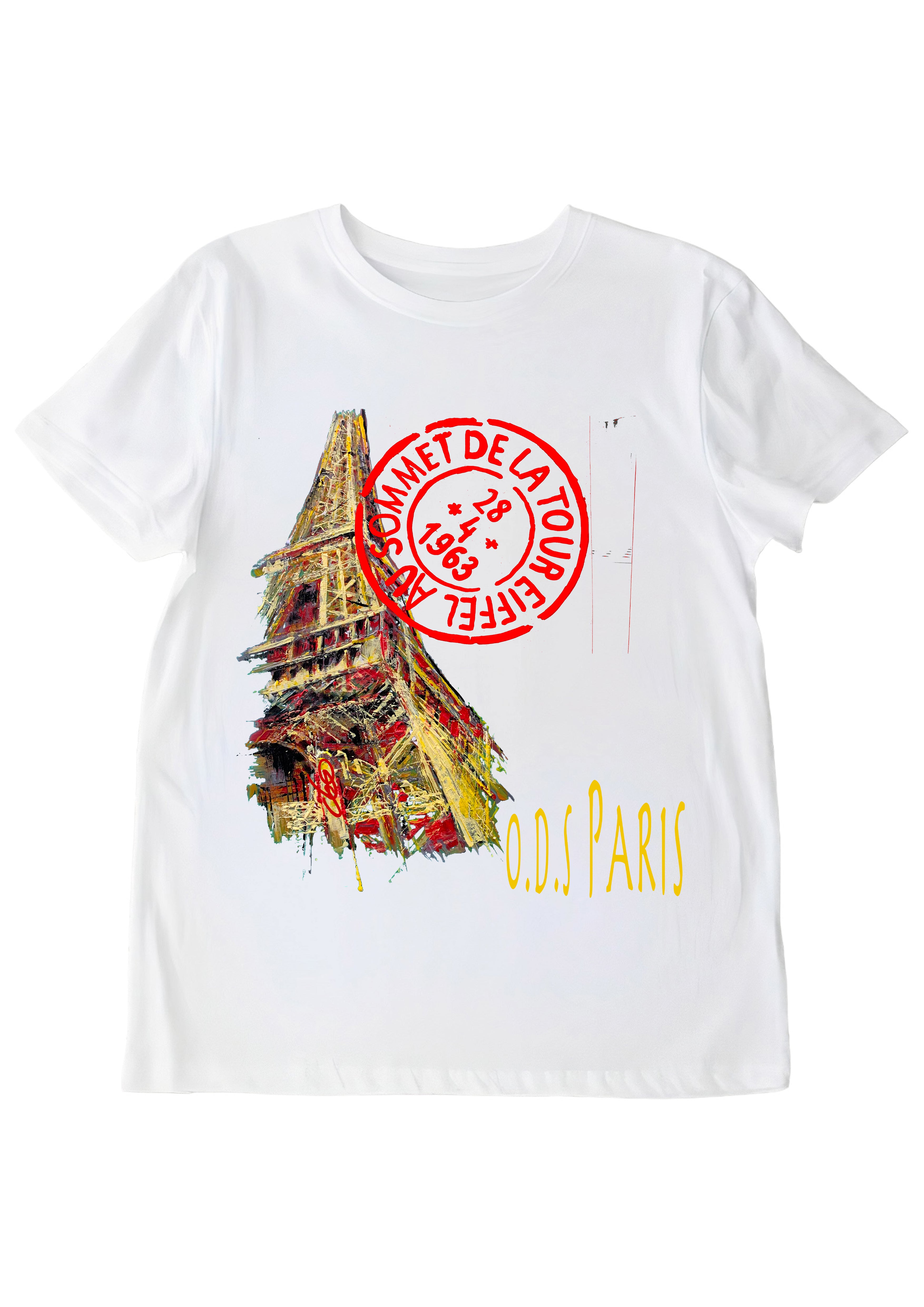 T-shirt Au Sommet de la Tour Paris O.D.S collection - Design artistique inspiré de la Tour Eiffel, peinture originale d'Ondine imprimée sur textile premium