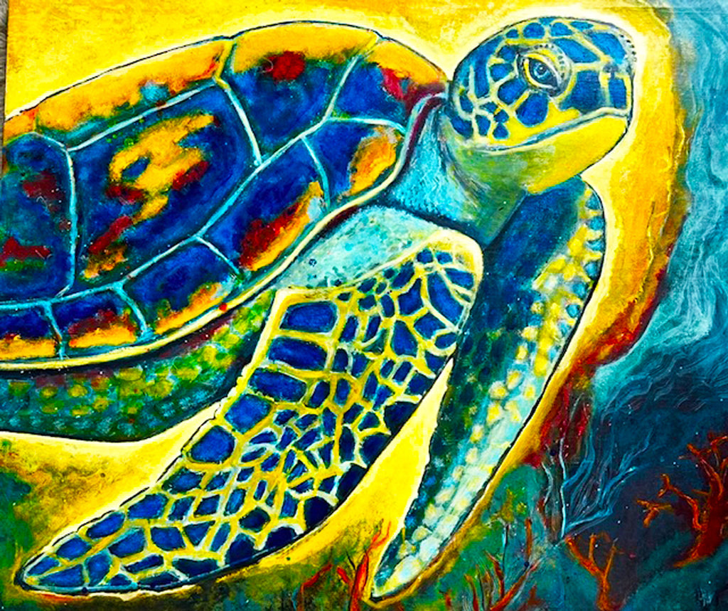 Tortue marine peinte à la main - Carapace bleue cobalt et jaune soleil - Fonds marins méditerranéens - Coraux rouges - Peinture originale acrylique signée Ondine Devis Steinmetz - Créateur français ODS