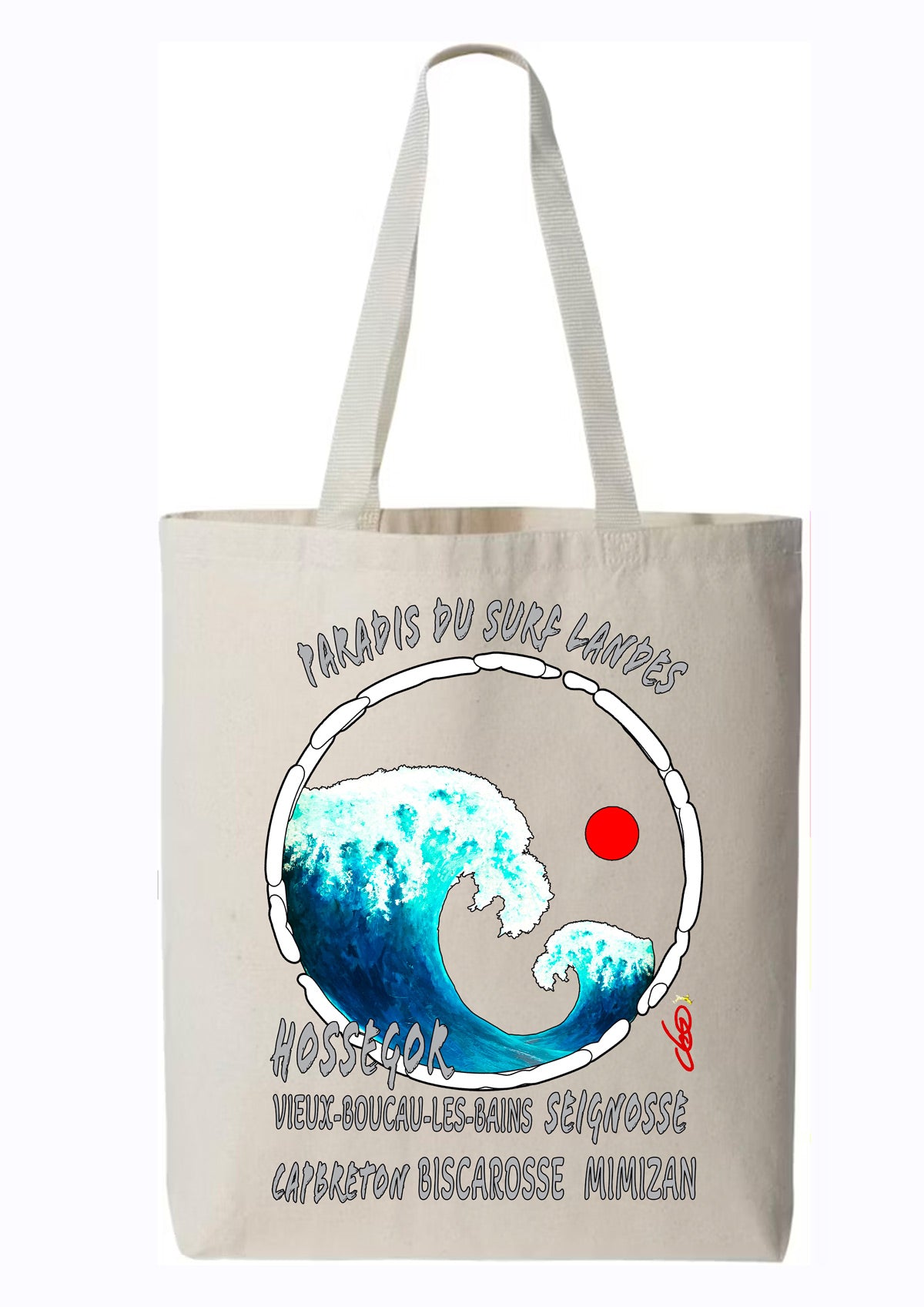 Totebag Paradis du Surf Landes O.D.S collection - Design artistique inspiré de la Grande Vague de Hokusai et des spots de surf Hossegor Capbreton Seignosse, peinture originale d'Ondine imprimée sur coton premium