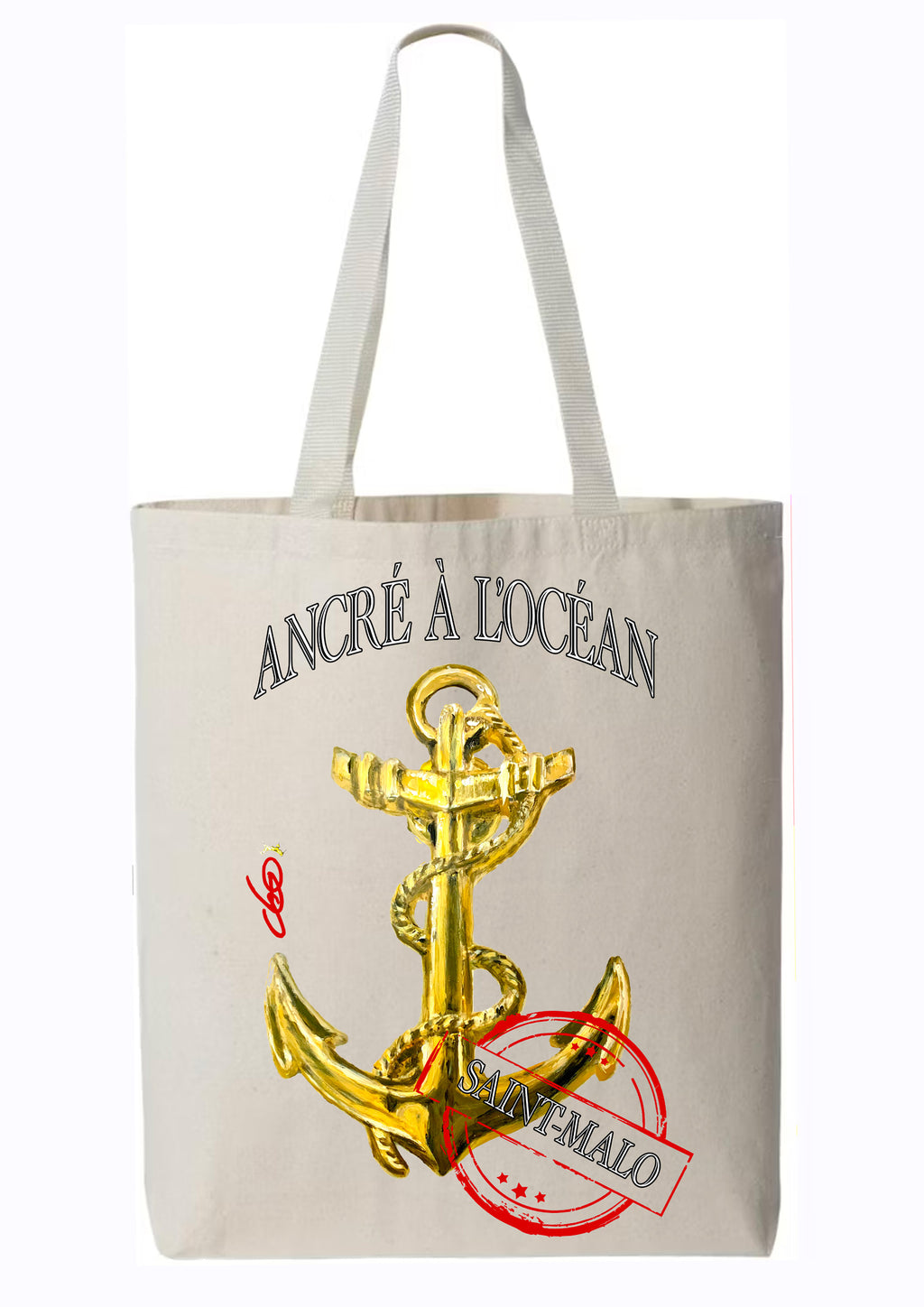 Totebag Ancré à l'Océan - Bretagne Saint-Malo - Peinture originale artiste Ondine - Art wearable créateur français - Ancre dorée maritime - Sac plage Bretagne - Cadeau marin océan - Totebag art Bretagne - Création française Saint-Malo
