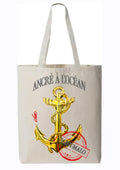 Totebag Ancré à l'Océan - Bretagne Saint-Malo - Peinture originale artiste Ondine - Art wearable créateur français - Ancre dorée maritime - Sac plage Bretagne - Cadeau marin océan - Totebag art Bretagne - Création française Saint-Malo

