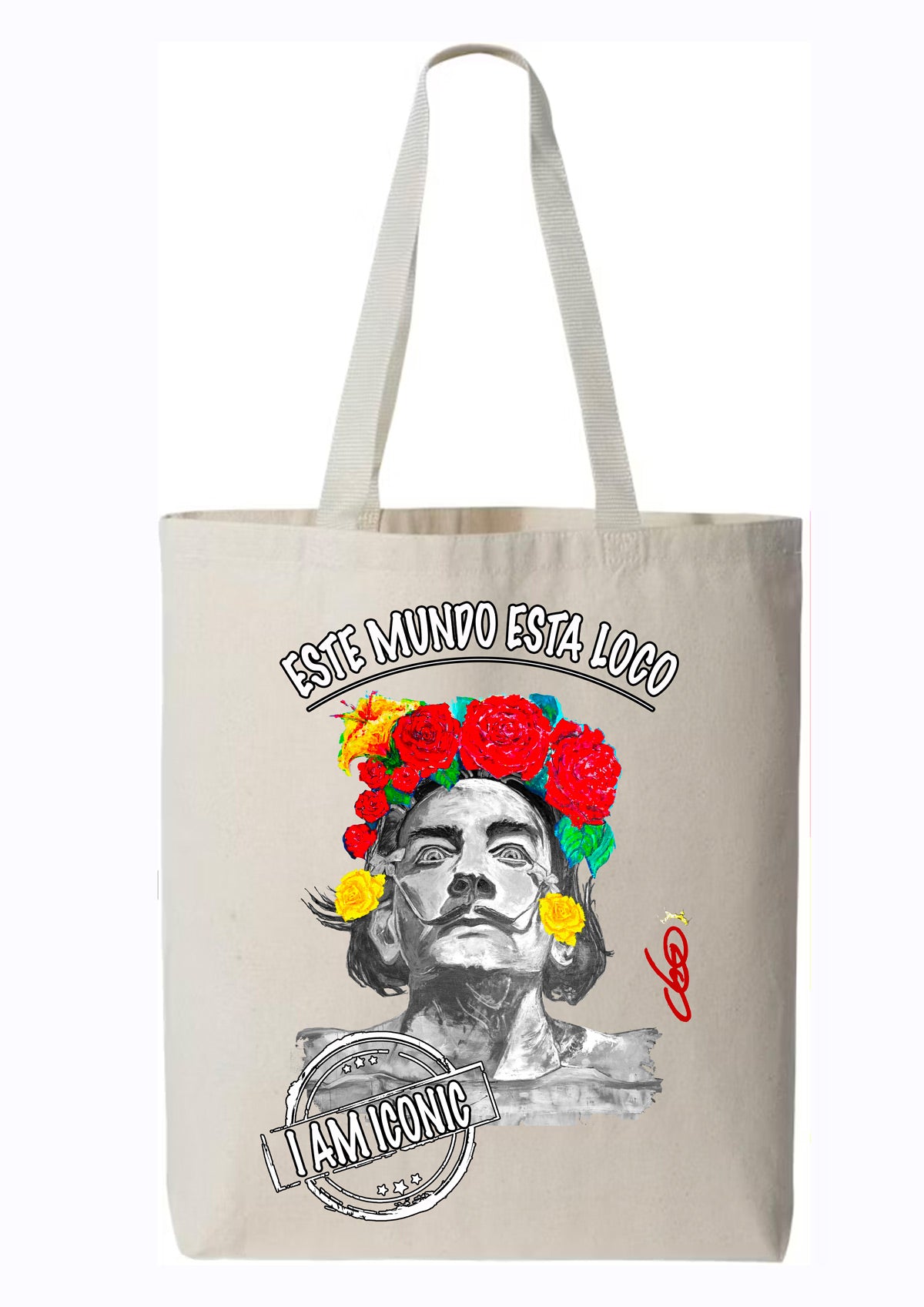 Tote bag Salvador Dalí Este Mundo Está Loco - Portrait pop art premium créateur français ODS - Moustache iconique et roses rouges - Peinture originale imprimée sur textile
