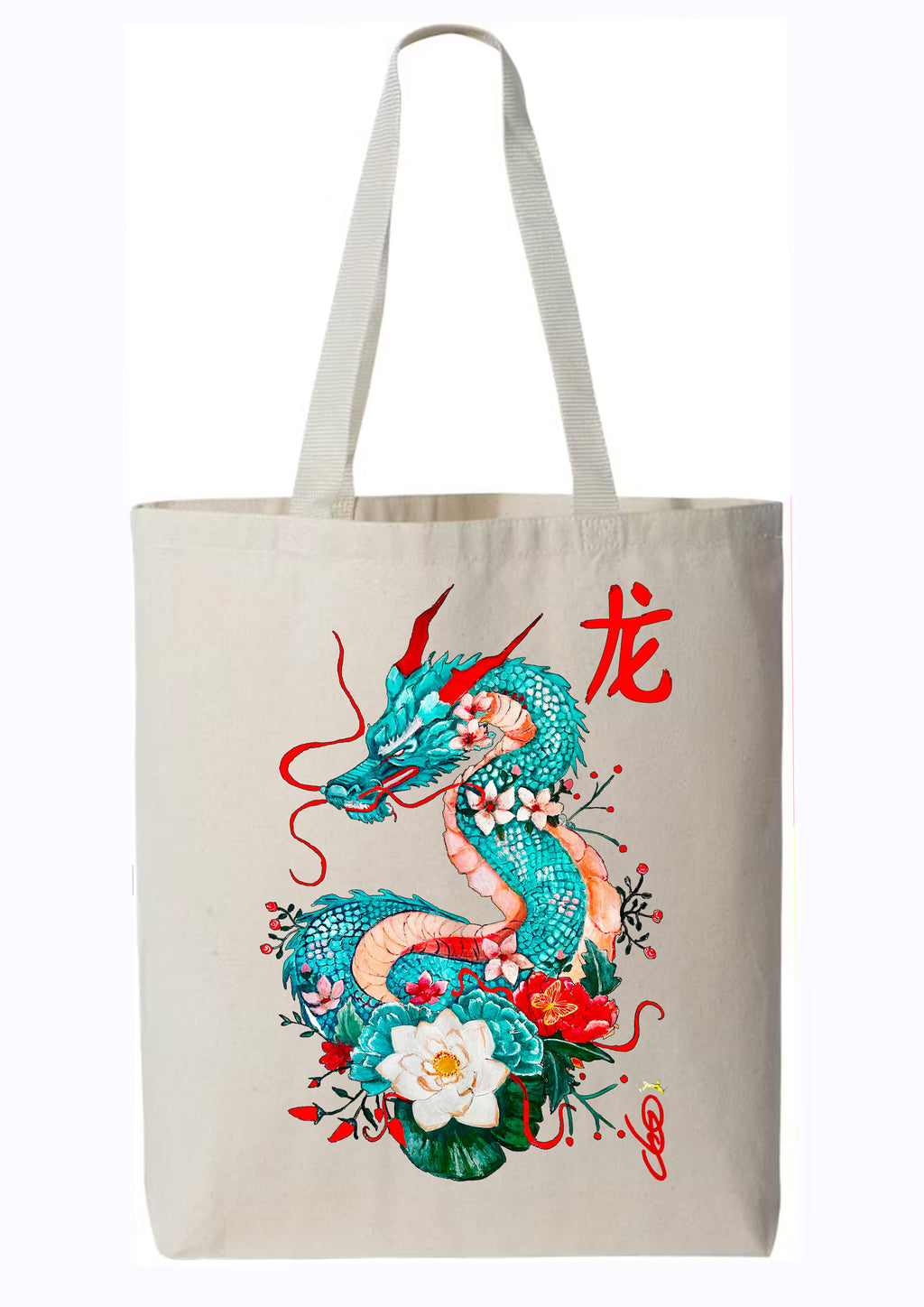 Totebag Dragon Japonais - Dragon turquoise peint à la main - Fleurs de cerisier, lotus blanc, idéogramme 龙 rouge lacque - Créateur français de la marque ODS Marseille - Design exclusif art wearable