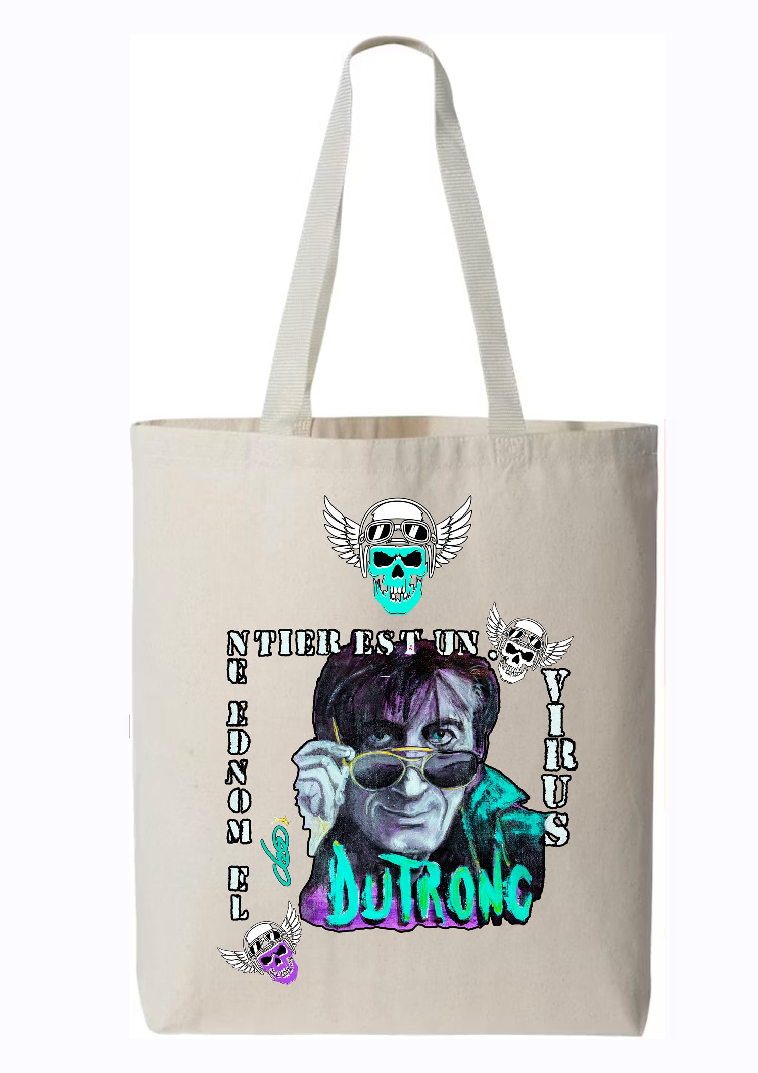 Tote bag Jacques Dutronc Le Monde Entier Est Un Virus - Portrait pop art premium créateur français ODS - Skull pilots ailés - Peinture originale imprimée sur textile
