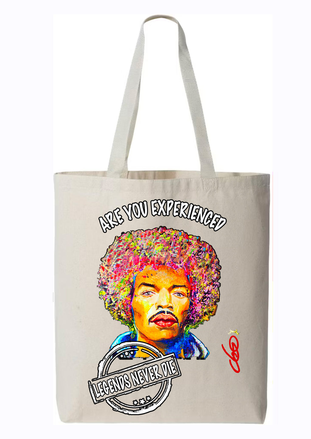 Tote bag Jimi Hendrix Are You Experienced - Portrait pop art premium créateur français ODS - Afro psychédélique multicolore - Peinture originale imprimée sur textile
