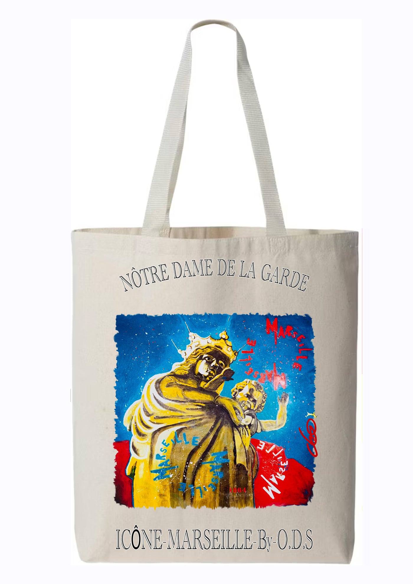 Totebag Notre-Dame de la Garde Marseille - Icône Marseillaise Bonne Mère - Peinture originale artiste français O.D.S - Sac coton art urbain Marseille
