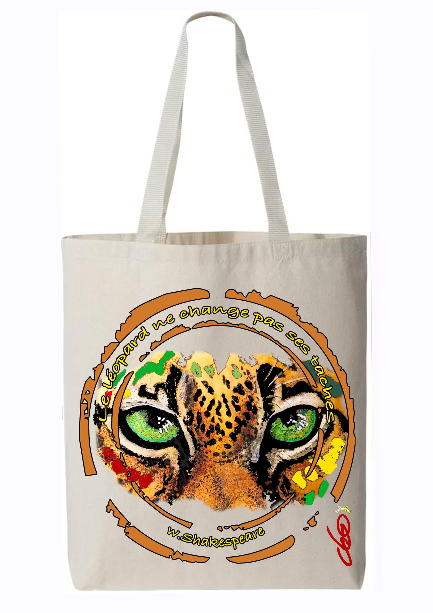 Totebag naturel Léopard yeux verts Shakespeare - art wearable créateur français Ondine ODS Marseille