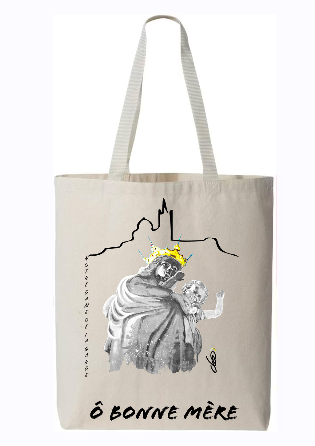 Totebag Ô Bonne Mère Notre-Dame de la Garde Marseille noir et blanc - Œuvre peinte par Ondine Devis Steinmetz - Créateur français O.D.S Collection