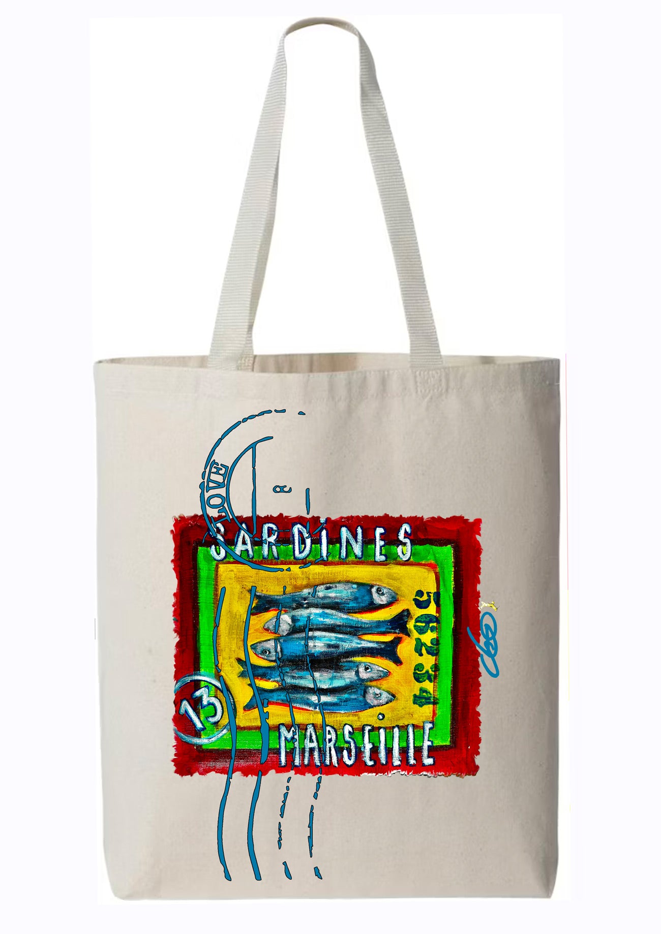 Totebag Timbre Sardine 13 Marseille - Créateur Français O.D.S tableau original peint par l'artiste Ondine Devis Steinmetz

