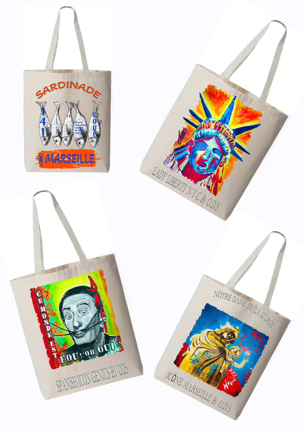 Tote bag Timbre Sardine 13 Marseille - Créateur Français O.D.S tableau original peint par l'artiste Ondine Devis Steinmetz