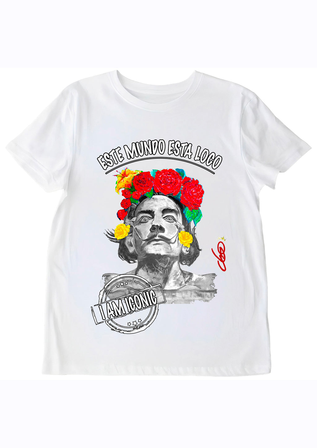 T-shirt Salvador Dalí Este Mundo Está Loco - Portrait pop art premium créateur français ODS - Moustache iconique et roses rouges - Peinture originale imprimée sur textile
