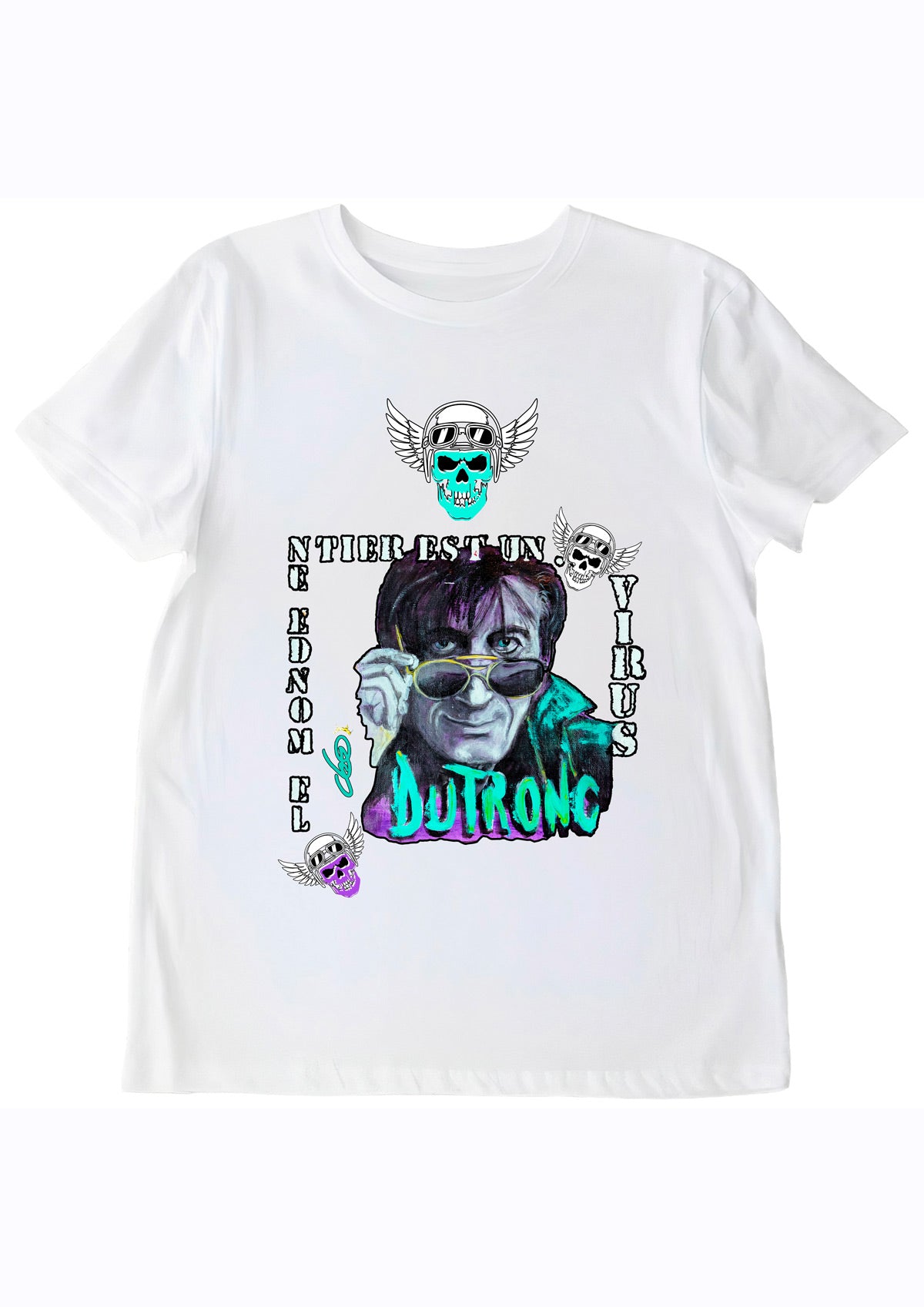 T-shirt Jacques Dutronc Le Monde Entier Est Un Virus - Portrait pop art premium créateur français ODS - Skull pilots ailés - Peinture originale imprimée sur textile
