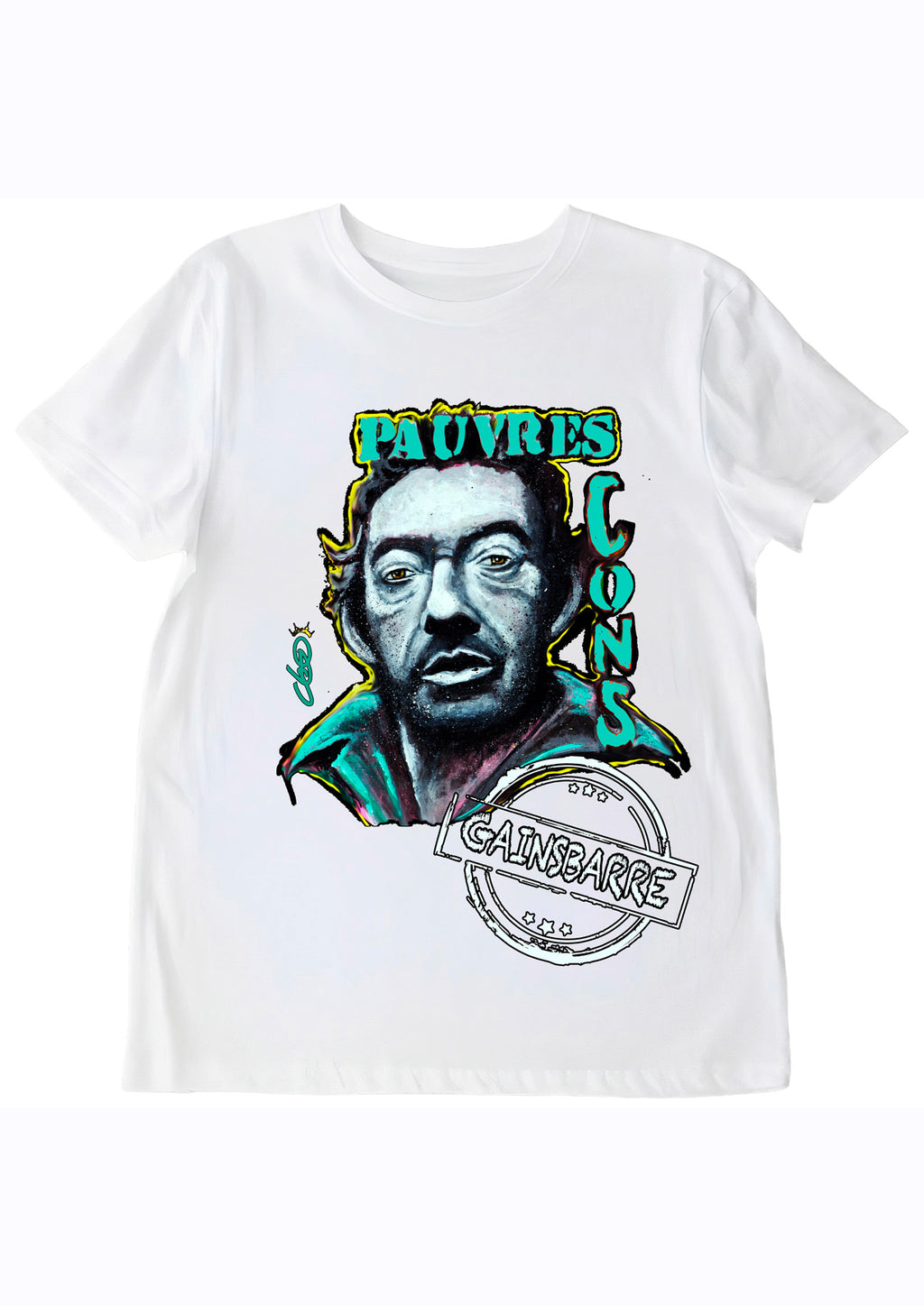 T-shirt Serge Gainsbourg Pauvres Cons - Portrait pop art premium créateur français ODS - Légende chanson française - Peinture originale imprimée sur textile
