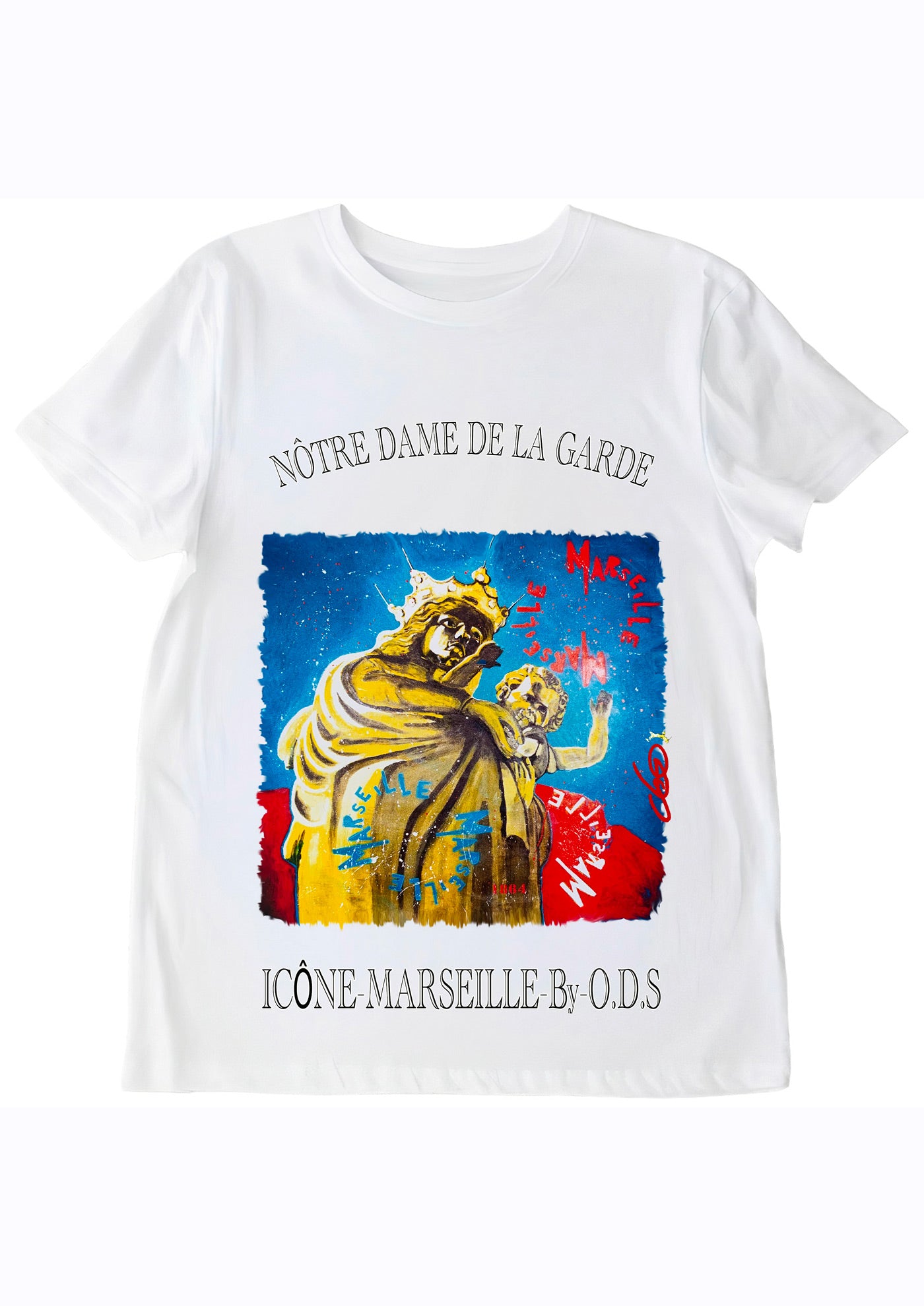 T-shirt Notre-Dame de la Garde Marseille - Icône Marseillaise Bonne Mère - Peinture originale artiste français O.D.S - Art urbain Marseille coton

