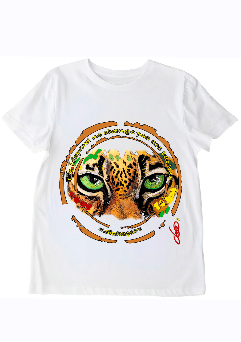 T-shirt blanc Léopard yeux verts Shakespeare - art wearable créateur français Ondine ODS Marseille