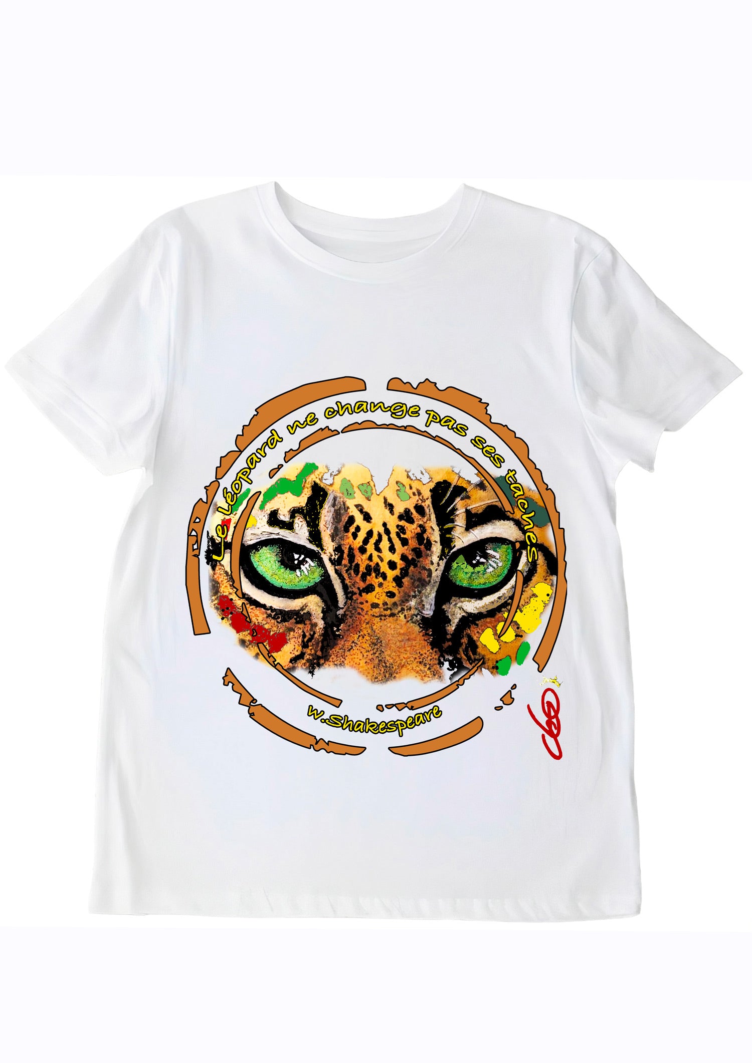 T-shirt blanc Léopard yeux verts Shakespeare - art wearable créateur français Ondine ODS Marseille