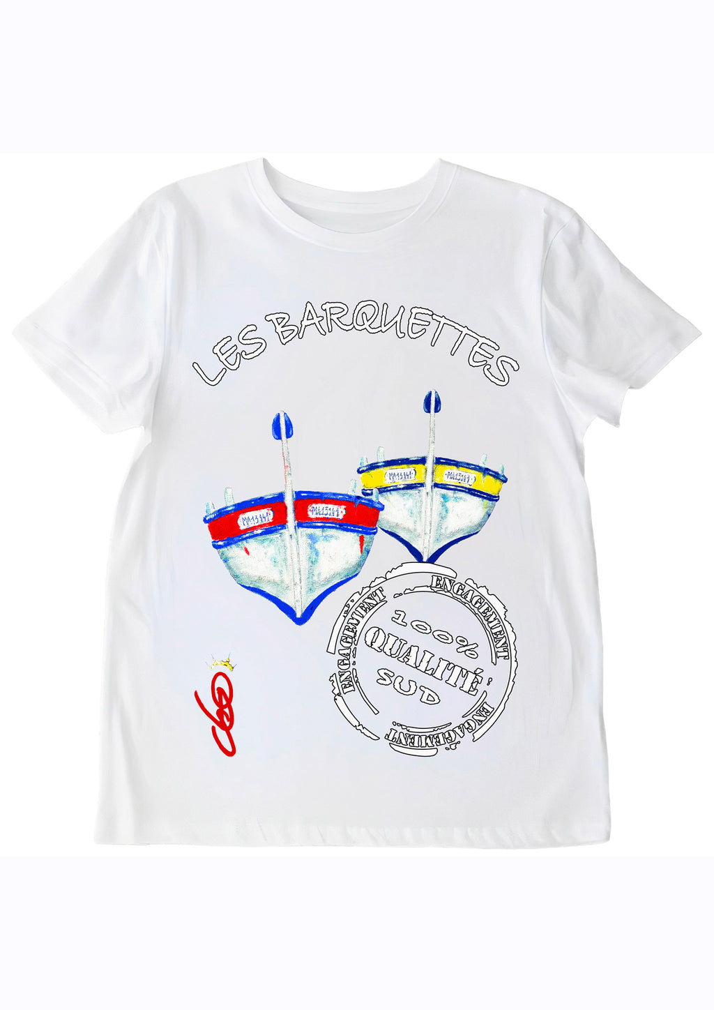 T-shirt Les Barquettes Méditerranée O.D.S collection - Design artistique célébrant les bateaux traditionnels méditerranéens, peinture originale d'Ondine imprimée sur textile premium

