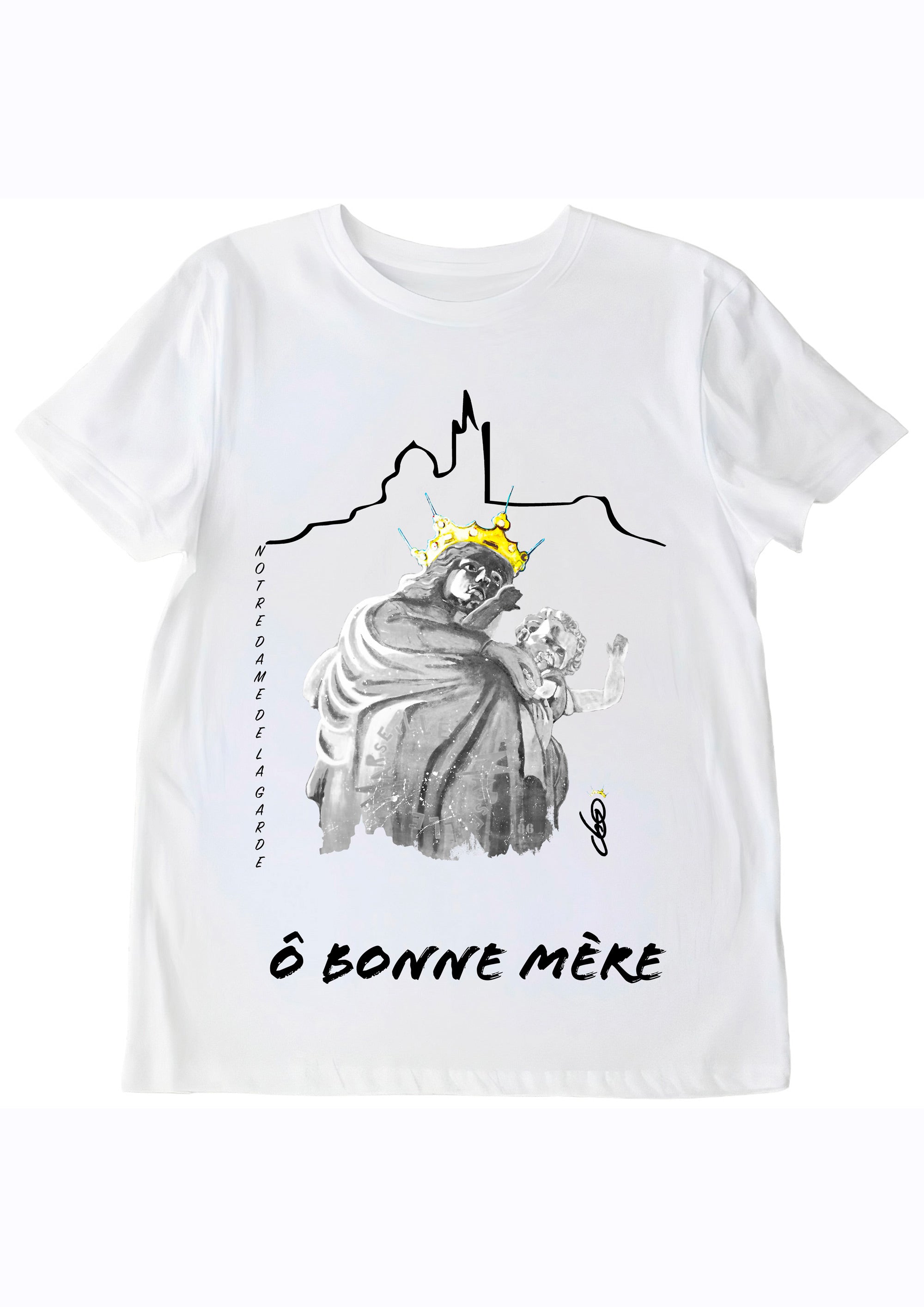 T-shirt Ô Bonne Mère Notre-Dame de la Garde Marseille blanc - Œuvre peinte par Ondine Devis Steinmetz - Créateur français O.D.S Collection