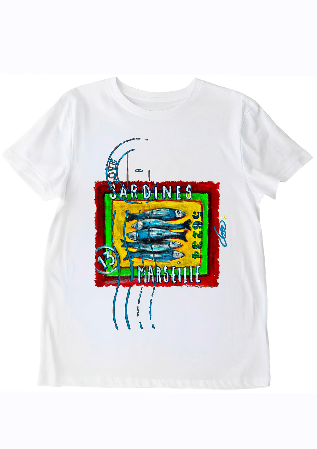 T-shirt Timbre Sardine 13 Marseille - Créateur Français O.D.S tableau original peint par l'artiste Ondine Devis Steinmetz
