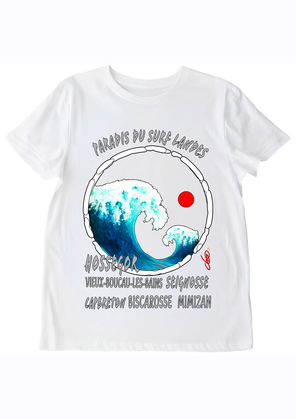 T-shirt Paradis du Surf Landes O.D.S collection - Design artistique inspiré de la Grande Vague de Hokusai et des spots de surf Hossegor Capbreton Seignosse, peinture originale d'Ondine imprimée sur textile premium
