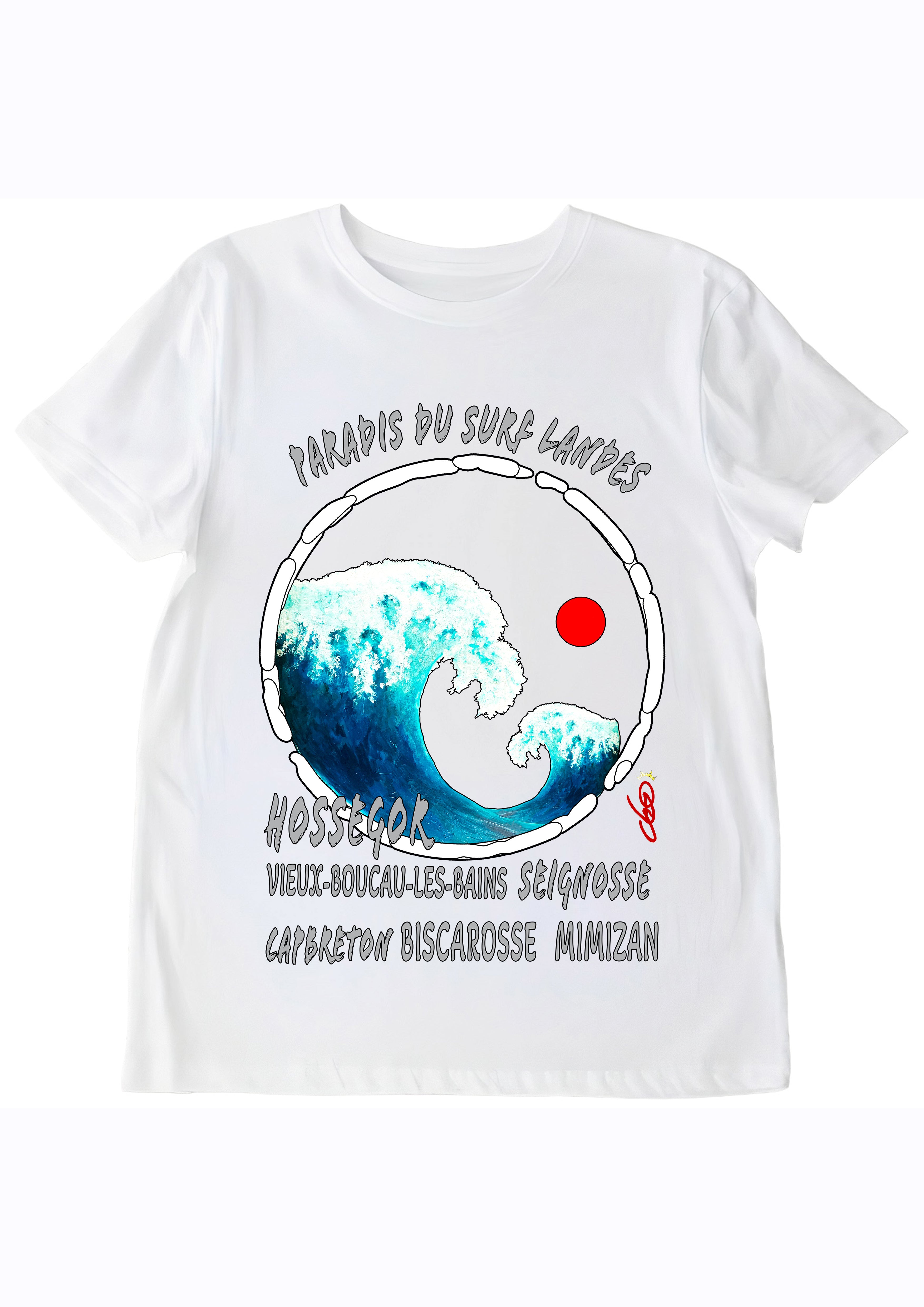 T-shirt Paradis du Surf Landes O.D.S collection - Design artistique inspiré de la Grande Vague de Hokusai et des spots de surf Hossegor Capbreton Seignosse, peinture originale d'Ondine imprimée sur textile premium
